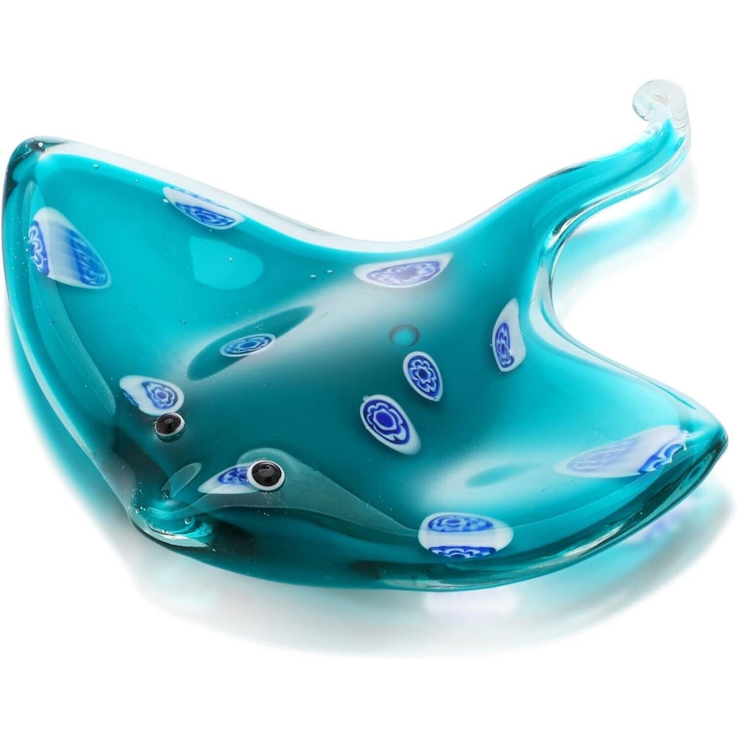 Hand Blown Light Blue Stingray Glass Figurine With Glittering Details 5.5in x 5.1in 3¾ Inch Decorative Art Glass