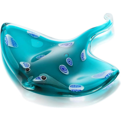 Hand Blown Light Blue Stingray Glass Figurine With Glittering Details 5.5in x 5.1in 3¾ Inch Decorative Art Glass