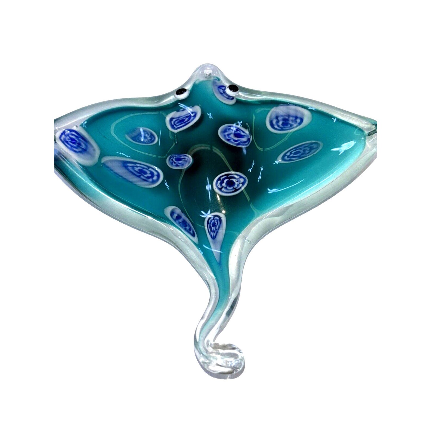 Hand Blown Light Blue Stingray Glass Figurine With Glittering Details 5.5in x 5.1in 3¾ Inch Decorative Art Glass