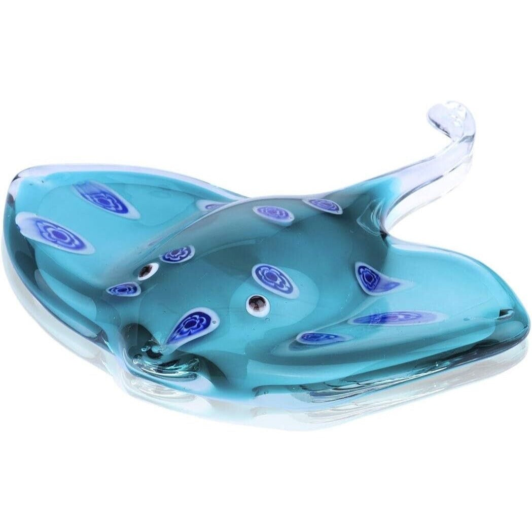 Hand Blown Light Blue Stingray Glass Figurine With Glittering Details 5.5in x 5.1in 3¾ Inch Decorative Art Glass