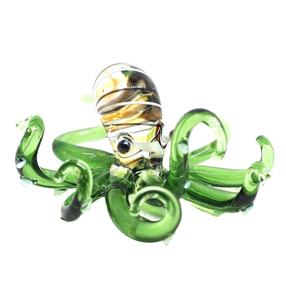 Hand Blown Glass Octopus Figurine In Green With Swirled Details Unique Handmade Art Sculpture 2.5"x2.5"x1.4"