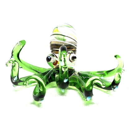 Hand Blown Glass Octopus Figurine In Green With Swirled Details Unique Handmade Art Sculpture 2.5"x2.5"x1.4"