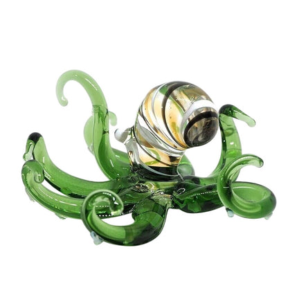 Hand Blown Glass Octopus Figurine In Green With Swirled Details Unique Handmade Art Sculpture 2.5"x2.5"x1.4"