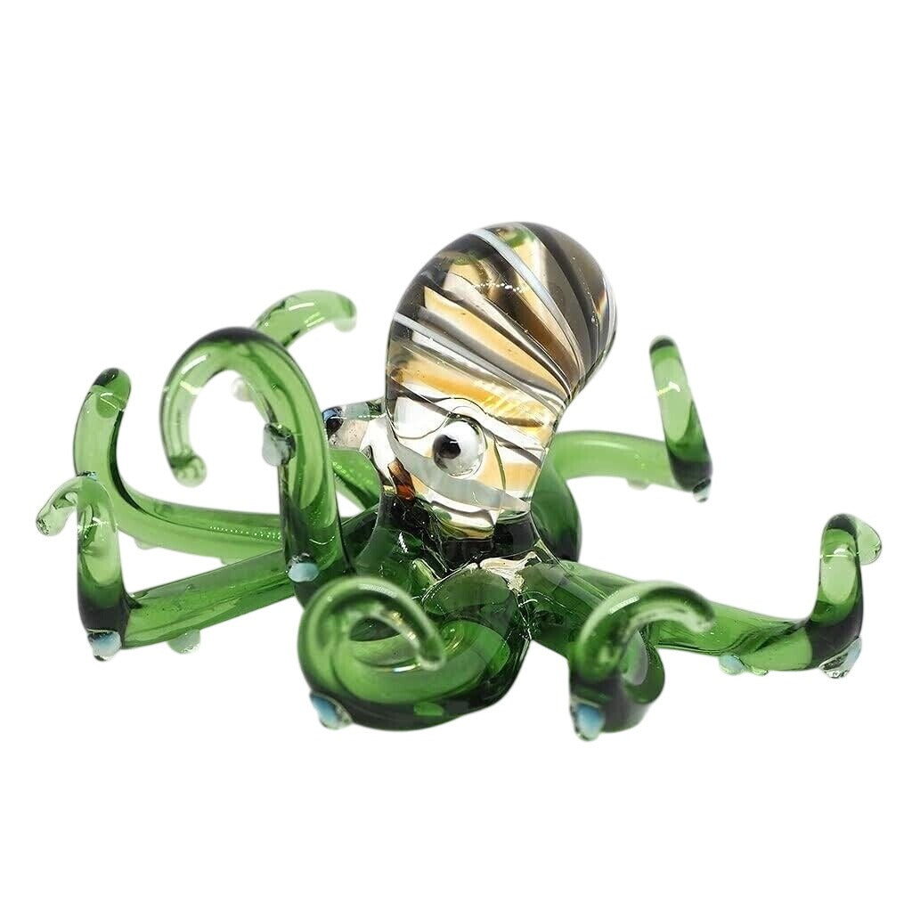 Hand Blown Glass Octopus Figurine In Green With Swirled Details Unique Handmade Art Sculpture 2.5"x2.5"x1.4"