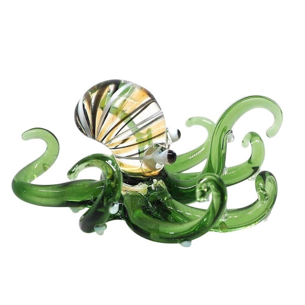 Hand Blown Glass Octopus Figurine In Green With Swirled Details Unique Handmade Art Sculpture 2.5"x2.5"x1.4"