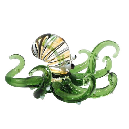 Hand Blown Glass Octopus Figurine In Green With Swirled Details Unique Handmade Art Sculpture 2.5"x2.5"x1.4"