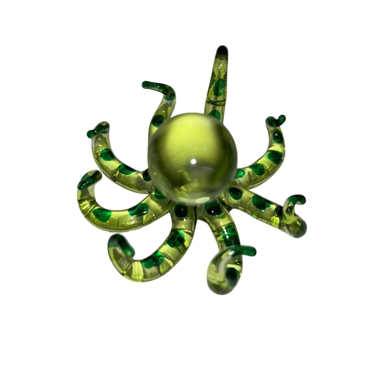 Hand Blown Glass Octopus Figurine In Green With Swirled Details Unique Handmade Art Sculpture 2.5"x2.5"x1.4"