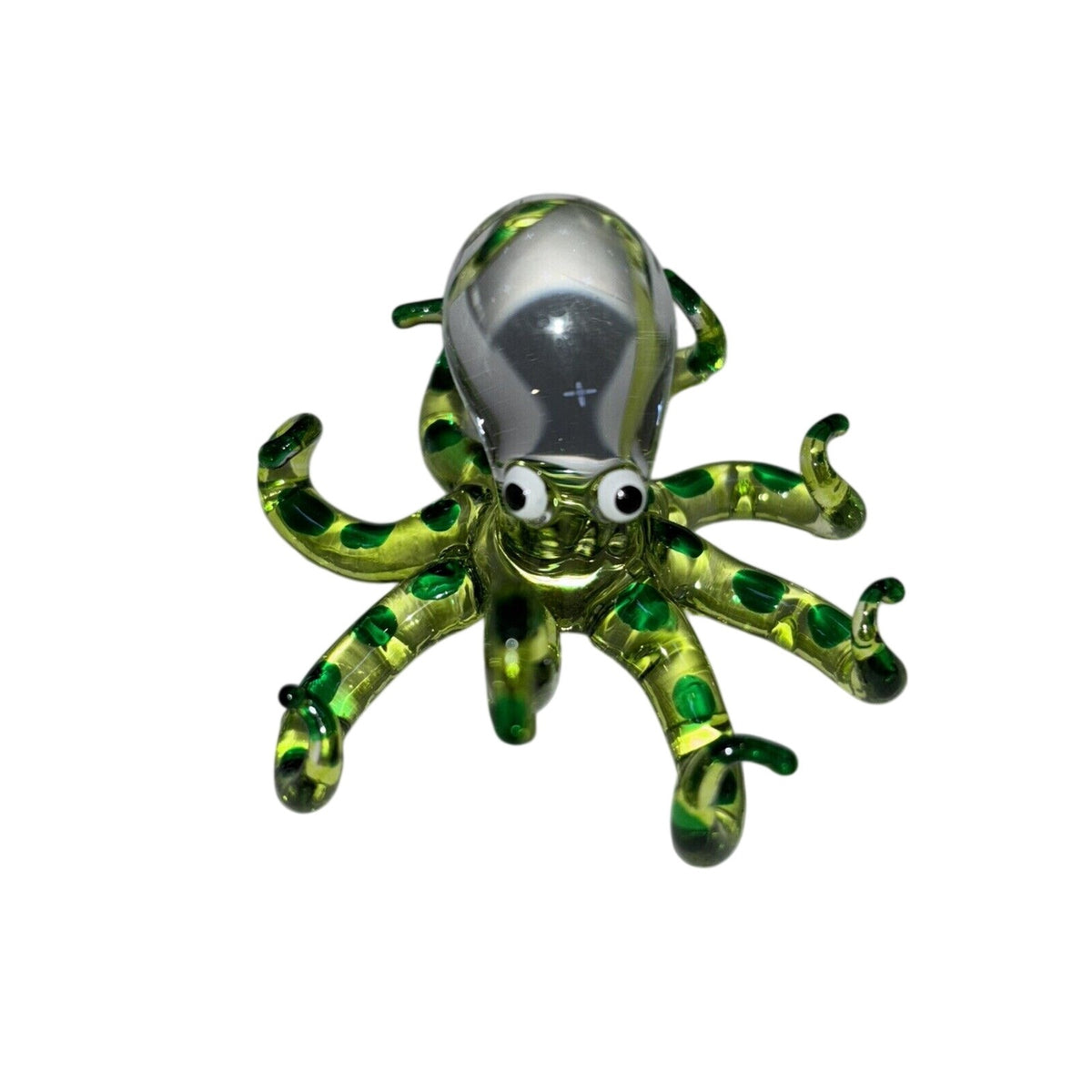Hand Blown Glass Octopus Figurine In Green With Swirled Details Unique Handmade Art Sculpture 2.5"x2.5"x1.4"
