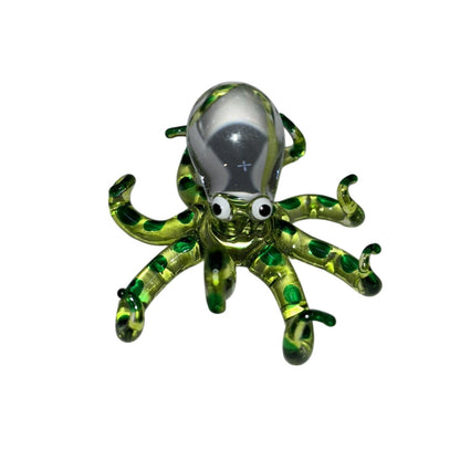 Hand Blown Glass Octopus Figurine In Green With Swirled Details Unique Handmade Art Sculpture 2.5"x2.5"x1.4"