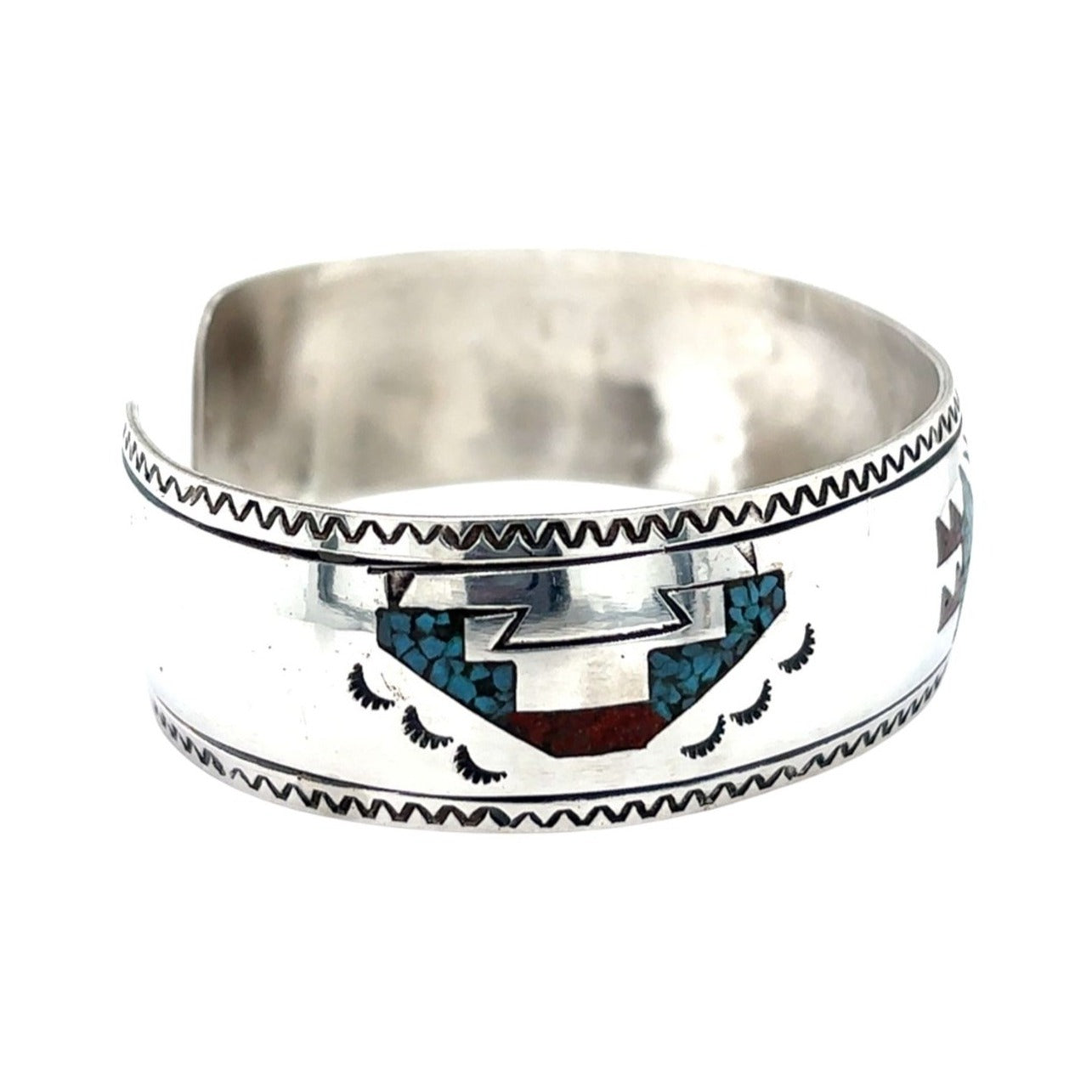 Crushed Turquoise & Coral Cuff Bracelet REAL SOLID .925 Sterling Silver 13.9 g