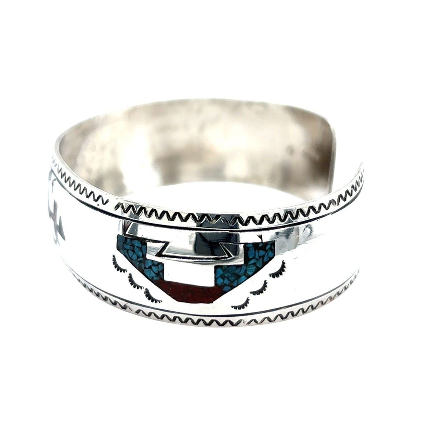 Crushed Turquoise & Coral Cuff Bracelet REAL SOLID .925 Sterling Silver 13.9 g