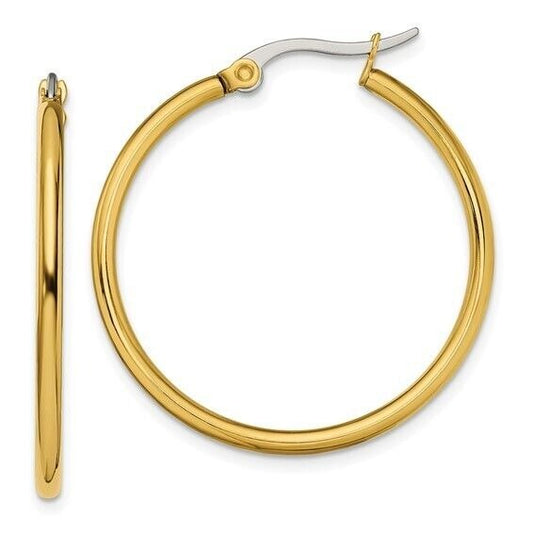 Chisel Stainless Steel Yellow Gold IP-Plated Polished 32mm Diameter 2mm Hoop Earrings With Pouch