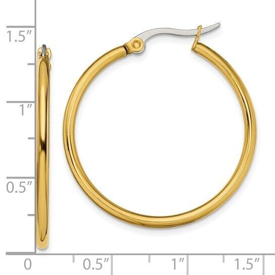 Chisel Stainless Steel Yellow Gold IP-Plated Polished 32mm Diameter 2mm Hoop Earrings With Pouch
