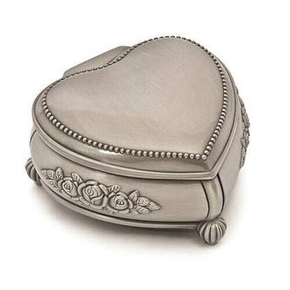 Heart-Shaped Pewter-Tone Jewelry Box With Rose Design & Velvet-Lined Interior