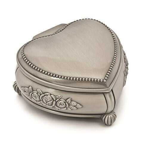 Heart-Shaped Pewter-Tone Jewelry Box With Rose Design & Velvet-Lined Interior