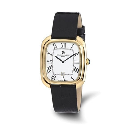 Charles-Hubert Square Face Watch Black Leather Band & Gold Tone Accents