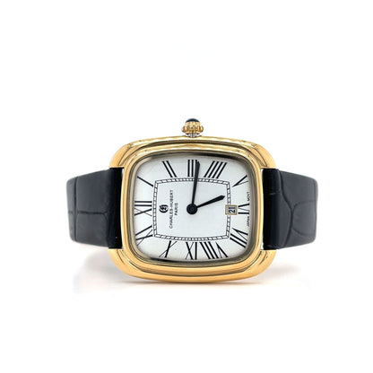 Charles-Hubert Square Face Watch Black Leather Band & Gold Tone Accents