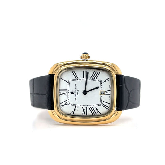 Charles-Hubert Square Face Watch Black Leather Band & Gold Tone Accents