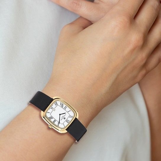 Charles-Hubert Square Face Watch Black Leather Band & Gold Tone Accents
