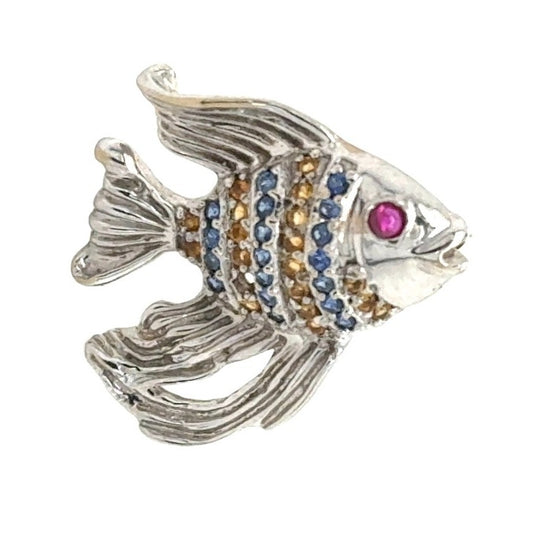 Sapphires & Ruby Tropical Fish 14k White Gold Pin / Brooch 5.7g
