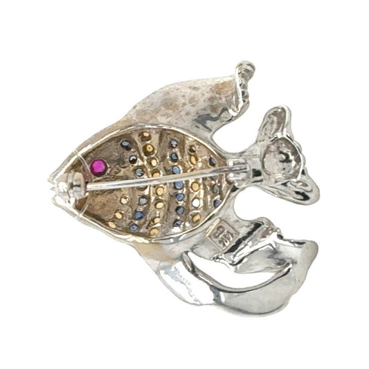 Sapphires & Ruby Tropical Fish 14k White Gold Pin / Brooch 5.7g