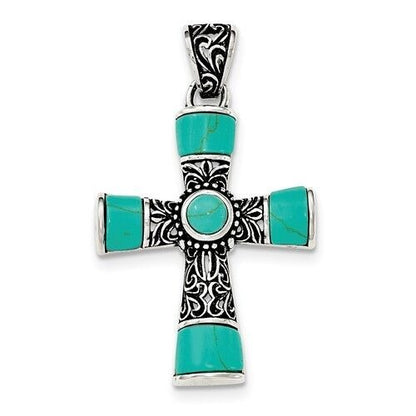 Antiqued & Polished Synthetic Turquoise Cross Pendant .925 Sterling Silver Jewelry