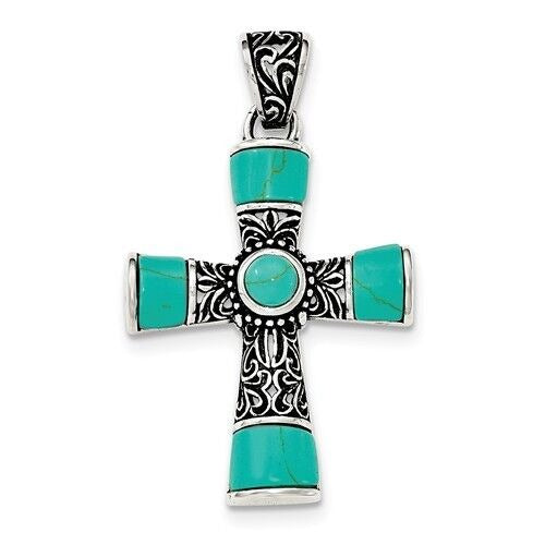Antiqued & Polished Synthetic Turquoise Cross Pendant .925 Sterling Silver Jewelry