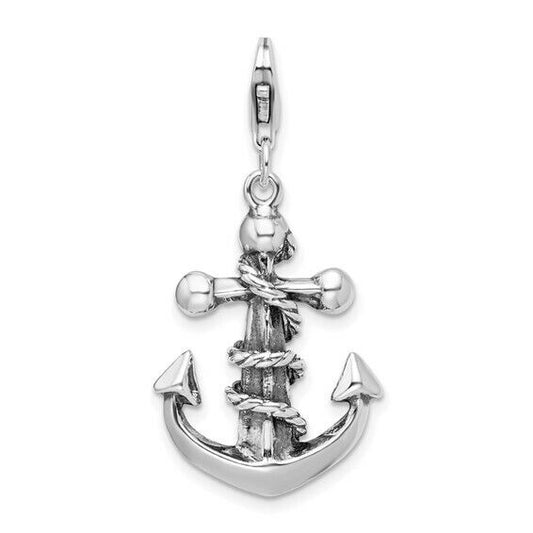 Sterling Silver 3-D Antiqued Anchor & Rope Charm lobster clasp