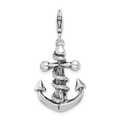 Sterling Silver 3-D Antiqued Anchor & Rope Charm lobster clasp