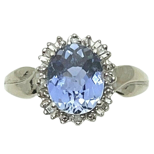 Sapphire Solitaire & Diamond Ring  10K White GOLD 3.5g SIZE 10.5