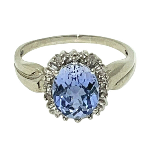 Sapphire Solitaire & Diamond Ring  10K White GOLD 3.5g SIZE 10.5