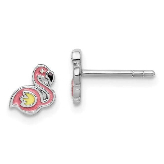 Flamingo Children Earrings Sterling Silver Rhodium-plated Polished Enameled