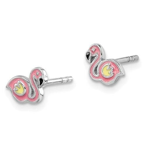 Flamingo Children Earrings Sterling Silver Rhodium-plated Polished Enameled