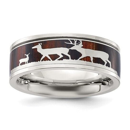 Chisel Stainless Steel Polished Wood Inlay Deer Design 8mm Band Ring Size 13
