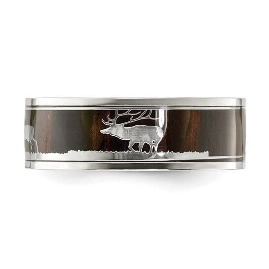 Chisel Stainless Steel Polished Wood Inlay Deer Design 8mm Band Ring Size 13