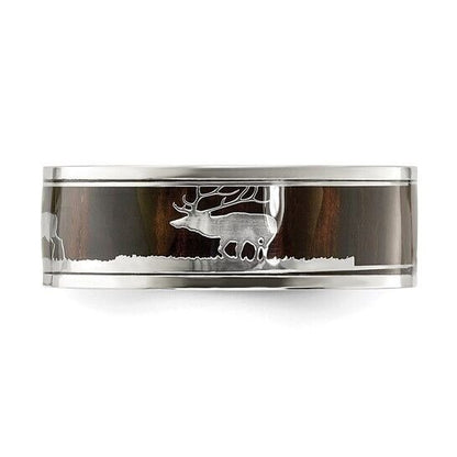 Chisel Stainless Steel Polished Wood Inlay Deer Design 8mm Band Ring Size 13