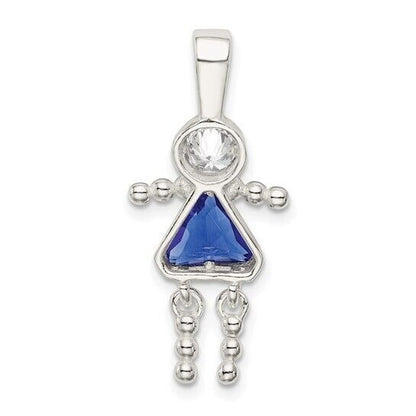 Sterling Silver Rhodium CZ and Birthstone Blue September Glass Girl Pendant