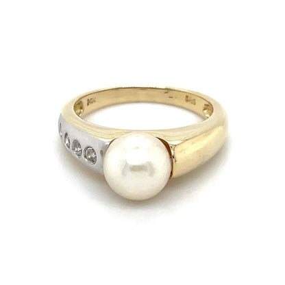 14K Yellow Gold Pearl Solitaire & Diamond Ring 3.7g Size 6 - 7.45mm Pearl & 1/10ct