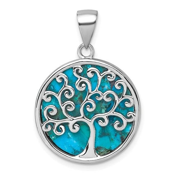 Sterling Silver Rhodium-Plated Turquoise Tree Of Life Pendant
