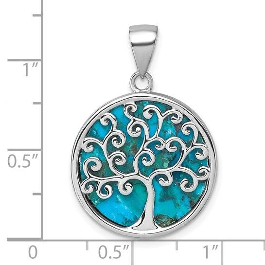Sterling Silver Rhodium-Plated Turquoise Tree Of Life Pendant
