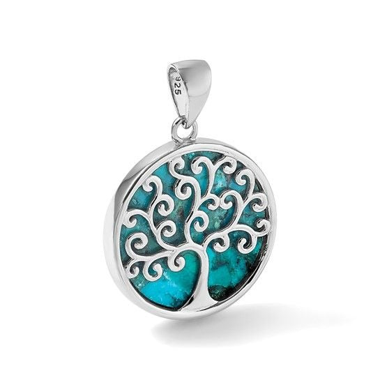 Sterling Silver Rhodium-Plated Turquoise Tree Of Life Pendant