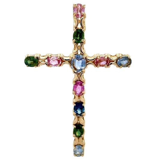 14k Yellow Gold Multicolor Sapphire Gemstone Cross Pendant 5.1g