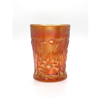 Vintage Carnival Glass Cup Iridescent Tumblr Marigold Orange Flowers Cattails