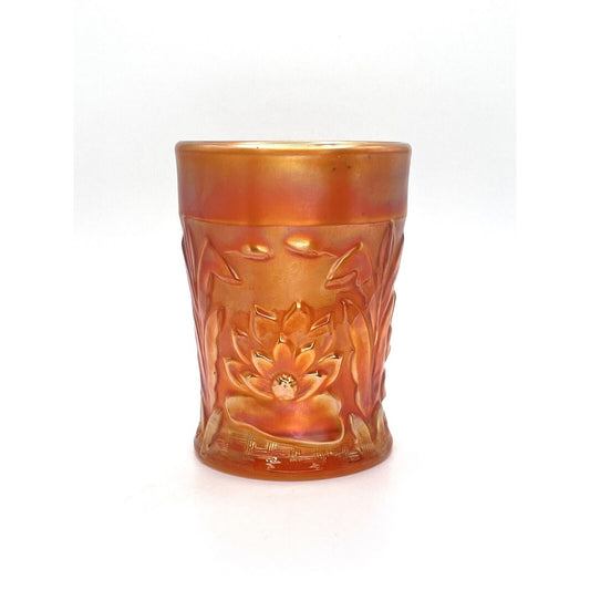 Vintage Carnival Glass Cup Iridescent Tumblr Marigold Orange Flowers Cattails
