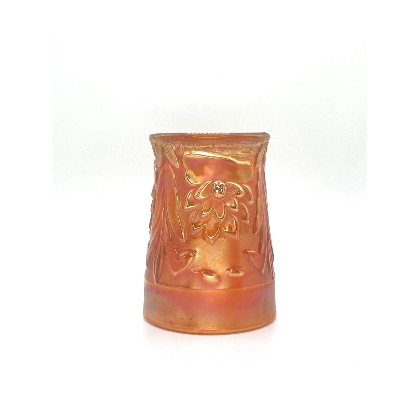 Vintage Carnival Glass Cup Iridescent Tumblr Marigold Orange Flowers Cattails