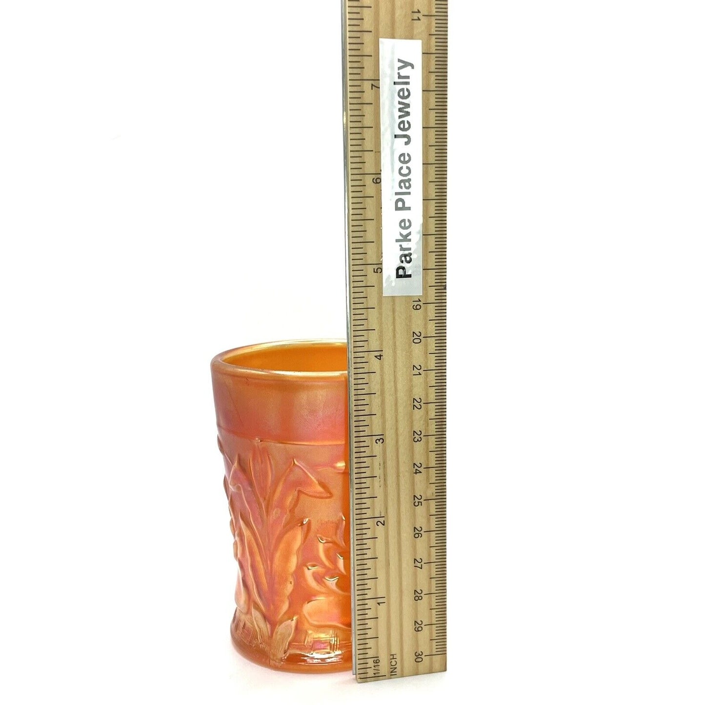 Vintage Carnival Glass Cup Iridescent Tumblr Marigold Orange Flowers Cattails