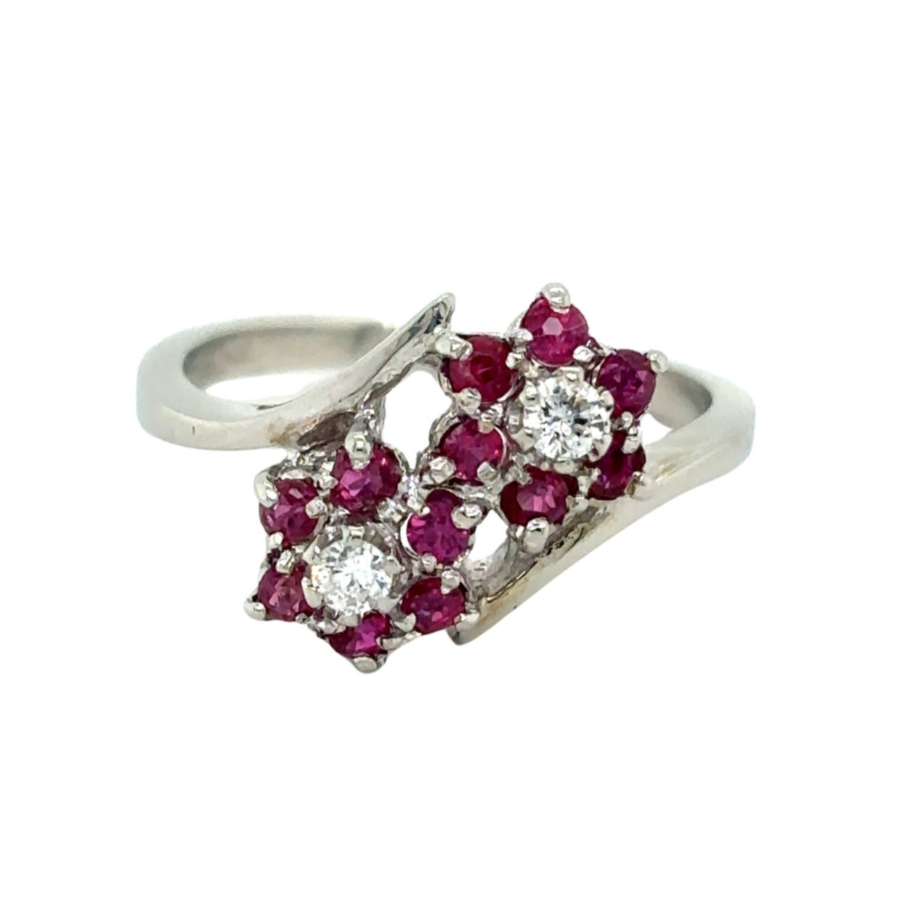 Red Spinel & Diamond 10k White Gold Flower Ring 2.6g Size 5.75