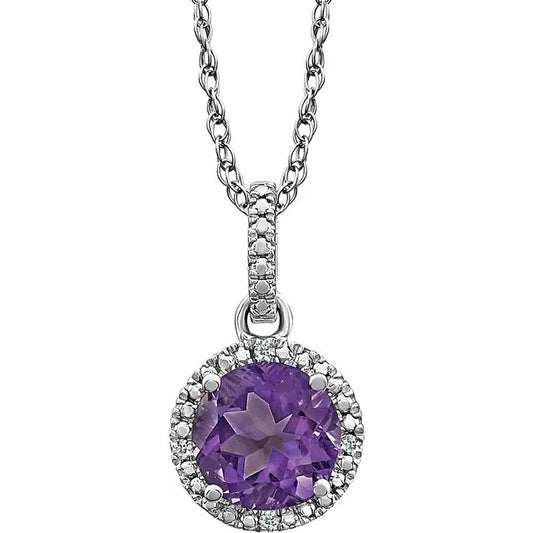 Sterling Silver Natural Amethyst & Diamond Halo Pendant Necklace 18"