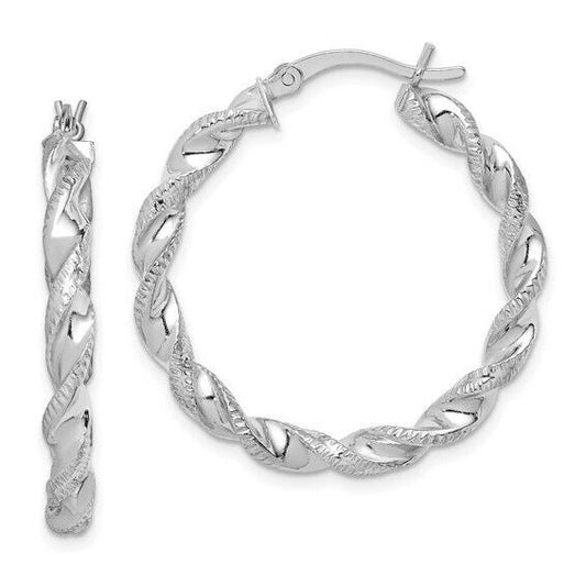 Sterling Silver Rhodium-Plated Twisted 3.5x30mm Hoop Earrings