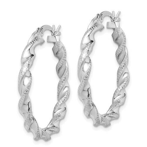 Sterling Silver Rhodium-Plated Twisted 3.5x30mm Hoop Earrings